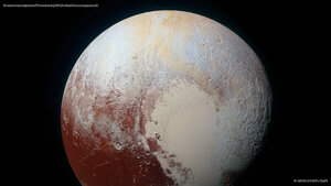A color-enhanced photo of Pluto, taken by NASA’s New Horizons spacecraft