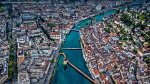 Aerial view of Chapel Bridge over the River Reuss in Lucerne, Switzerland