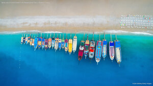 Aerial view of colorful boats in the Mediterranean Sea in Ölüdeniz, Turkey