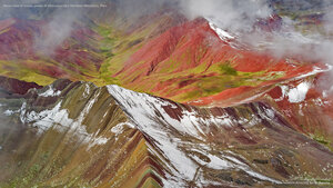 Aerial view of snowy peaks of Vinicunca (aka Rainbow Mountain), Peru