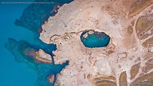 Aerial view of the Grotta della Poesia (Poetry's Cave) near Roca, Lecce, Italy