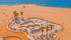 Aerial view of the Venice Skatepark in Venice Beach, Los Angeles