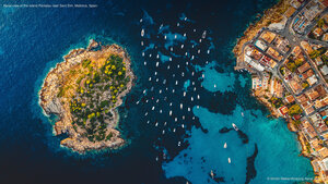 Aerial view of the island Pantaleu near Sant Elm, Mallorca, Spain