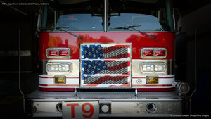 A fire department ladder truck in Fresno, California