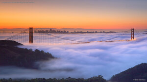 A fog-shrouded Golden Gate Bridge in San Francisco