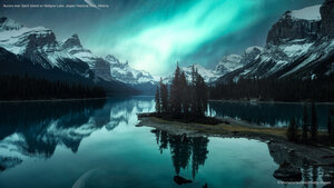 Aurora over Spirit Island on Maligne Lake, Jasper National Park, Alberta