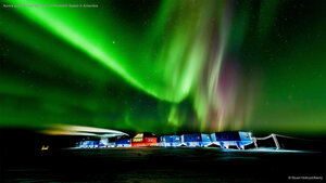Aurora australis over the Halley VI Research Station in Antarctica