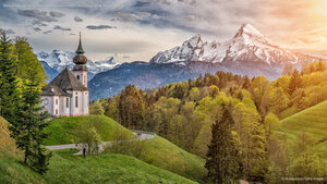Wallfahrtskirche Maria Gern und Watzmannmassiv, Berchtesgadener Alpen, Bayern