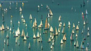 Boats massing for the Barcolana regatta in the Gulf of Trieste, Italy