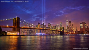 Brooklyn Bridge with the 'Tribute in Light' installation for 9/11, New York