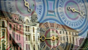 Buildings reflected in the astronomical clock of Olomouc, Czech Republic