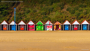Christmas-themed beach huts in Bournemouth, England