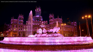Cibeles Fountain and Madrid City Hall lit for International Women's Day, Madrid, Spain