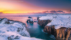 The Cornish Coast Path covered in snow, Land's End, Cornwall, England