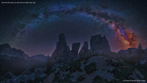 Dolomite Mountains at night with the Milky Way, Italy