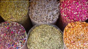 Dried flowers and herbs at the Dubai Spice Souk in Dubai, United Arab Emirates