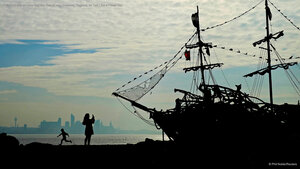 Driftwood ship on New Brighton Beach near Wallasey, England, for Talk Like a Pirate Day