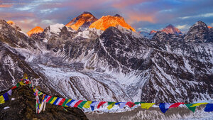 Summit of Mount Everest at sunset, seen from Renjo La, Nepal