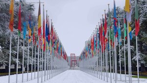 Flags outside the UN's Palace of Nations in Geneva, Switzerland