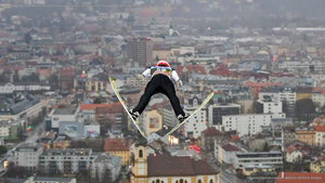 German ski jumper Markus Eisenbichler competing in the Four Hills Tournament, Innsbruck, Austria, on January 3, 2018