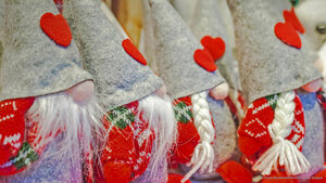 Gnomes for sale at a Christmas market in Pergine Valsugana, Italy