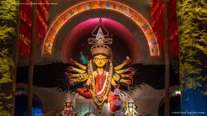 Goddess Durga idol at a puja pandal in Kolkata, West Bengal