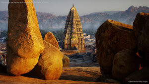 Granite rocks and gopuram of the Virupaksha Temple, Hampi, Karnataka