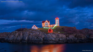 Holiday lights on Cape Neddick Light in York, Maine