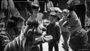 Jim Henson, along with Ernie and Bert, rehearses for an episode of 'Sesame Street' in 1970 in New York City