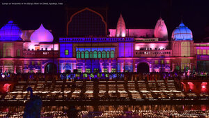 Lamps on the banks of the Sarayu River for Diwali, Ayodhya, India