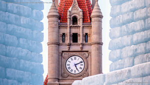 Landmark Center clock tower and Winter Carnival Ice Palace, St. Paul, Minnesota