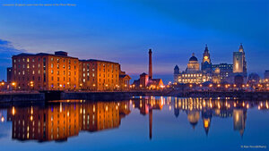 Liverpool, England, seen from the waters of the River Mersey
