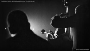 Louis Armstrong performs with bandmates in Vienna, Austria, on February 22, 1959