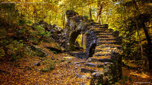 Madame Sherri Forest and the ruins of an old castle, New Hampshire