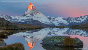 The Matterhorn reflected in Lake Stellisee at sunrise, Zermatt, Switzerland