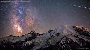 Milky Way above Mount Rainier in Mount Rainier National Park, Washington