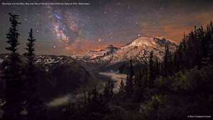 Moonlight and the Milky Way over Mount Rainier in Mount Rainier National Park, Washington