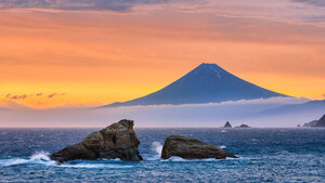 Mount Fuji and Ushitukiiwa (Twin Rocks) in Matsuzaki, Japan