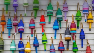 Multicolored lobster buoys, Acadia National Park, Maine