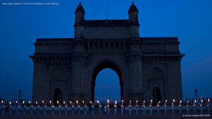 Indian Navy soldiers in front of the Gateway of India, Mumbai