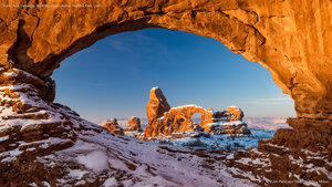 Turret Arch framed by North Window in Arches National Park, Utah