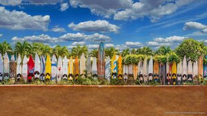 Old surfboards lined up as a fence near Paia, Maui, Hawaii