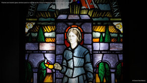 Painted and leaded glass window panel on display at the Florence Nightingale Museum, London, England