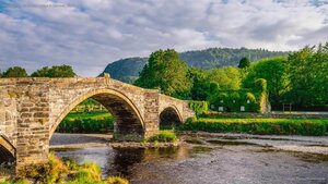 Pont Fawr, a stone arch bridge in Llanrwst, Wales, UK