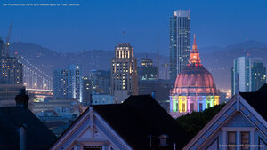 San Francisco City Hall lit up in rainbow lights for Pride, California