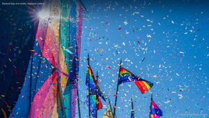 Rainbow flags and confetti, Reykjavík, Iceland