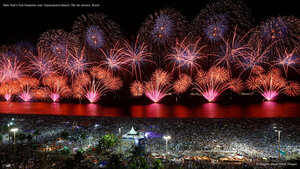 New Year's Eve fireworks over Copacabana Beach, Rio de Janeiro, Brazil