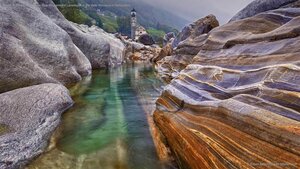 Rocks in the Verzasca River near the hamlet of Lavertezzo in the Valle Verzasca of Switzerland
