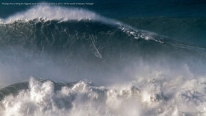 Rodrigo Koxa riding the biggest wave ever surfed, on Nov 8, 2017, off the coast of Nazaré, Portugal