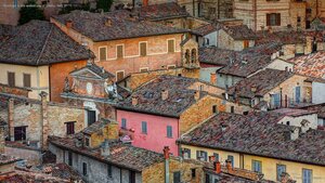Rooftops in the walled city of Urbino, Italy